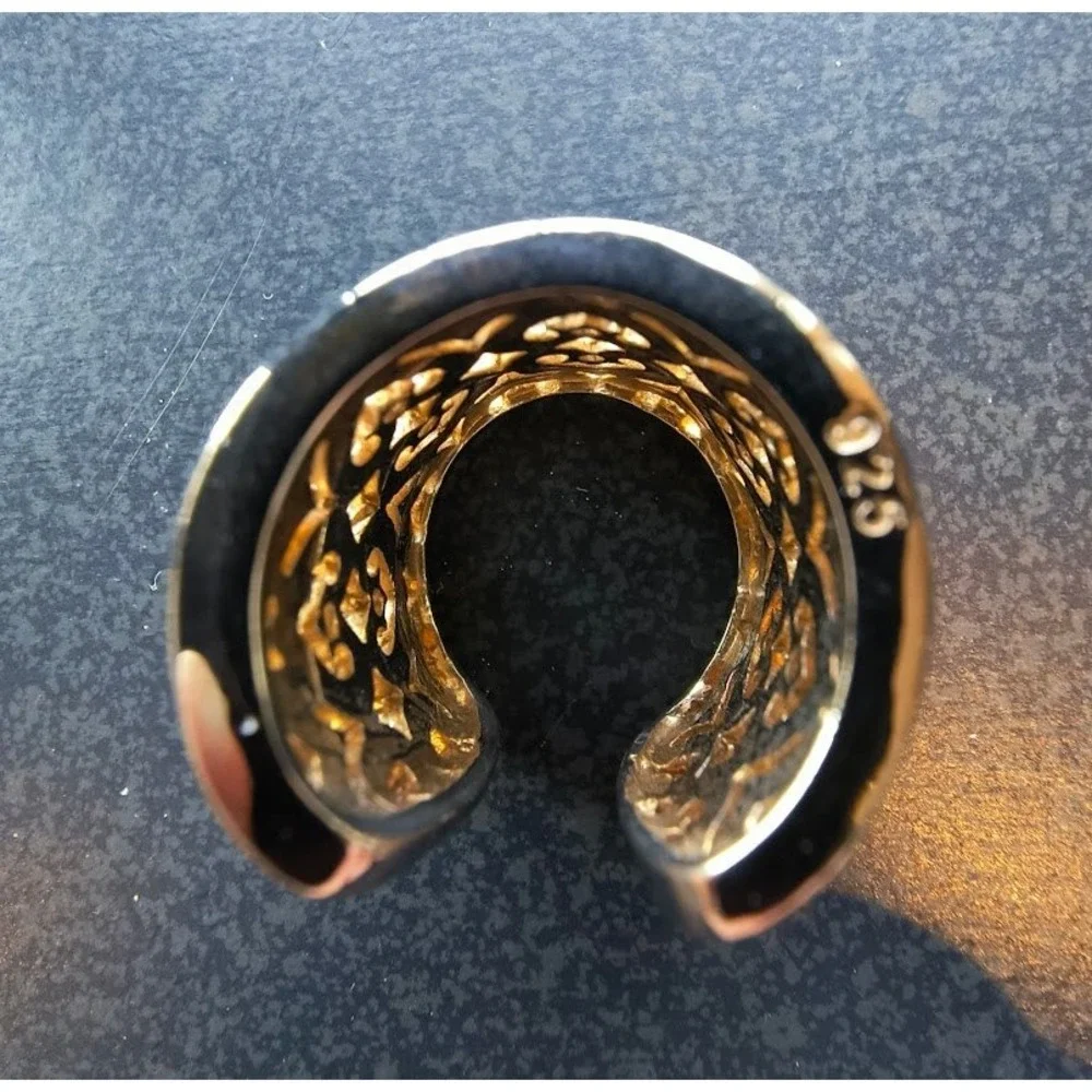 925 Sterling Silver 2-Tone Filigree‎ Heart Wide Band Statement Ring Clear Stones